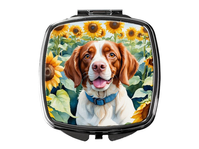 Brittany Spaniel in Sunflowers Compact Mirror Decorative Travel Makeup Mirror for Women Girls Gifts Pocket Makeup Mirror Folding Handheld