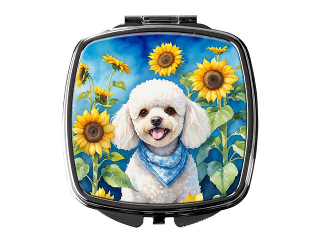 White Poodle in Sunflowers Compact Mirror Decorative Travel Makeup Mirror for Women Girls Gifts Pocket Makeup Mirror Folding Handheld