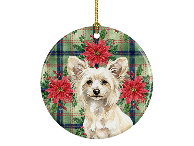 Powderpuff Chinese Crested Christmas PoinsettIas Ceramic Ornament Christmas Tree Hanging Decorations for Home Christmas Holiday, Party, Gift, 3 in,...
