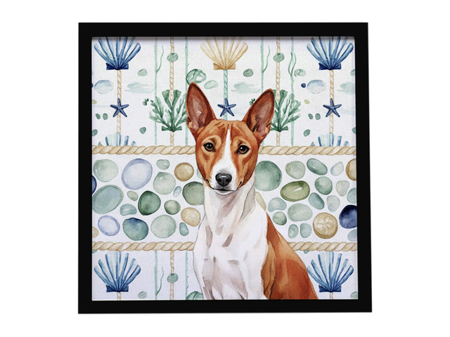 Red and White Basenji Coastal Sea Glass Framed Metal Print Bathroom, Kitchen, Office, Home Decor Wall Art Ready to Hang, Square, 8X8