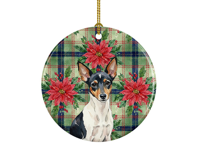 Toy Fox Terrier Christmas PoinsettIas Ceramic Ornament Christmas Tree Hanging Decorations for Home Christmas Holiday, Party, Gift, 3 in, Multicolor
