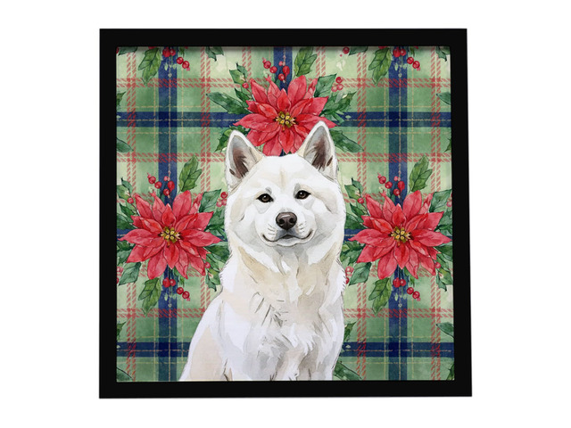 White Akita Christmas PoinsettIas Framed Metal Print Bathroom, Kitchen, Office, Home Decor Wall Art Ready to Hang, Square, 8X8