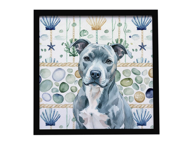 Blue American Staffordshire Terrier Coastal Sea Glass Framed Metal Print Bathroom, Kitchen, Office, Home Decor Wall Art Ready to Hang, Square, 8X8