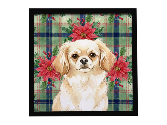 Cream Tibetan Spaniel Christmas PoinsettIas Framed Metal Print Bathroom, Kitchen, Office, Home Decor Wall Art Ready to Hang, Square, 8X8