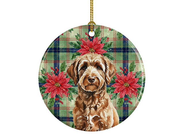Chocolate Labradoodle Christmas PoinsettIas Ceramic Ornament Christmas Tree Hanging Decorations for Home Christmas Holiday, Party, Gift, 3 in,...