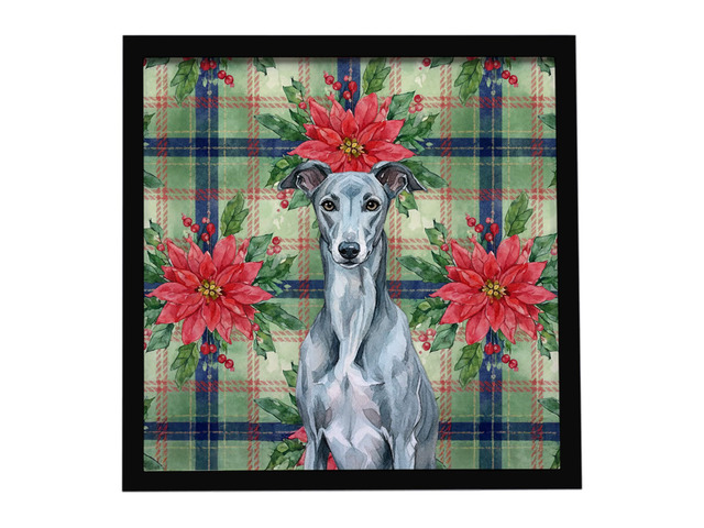 Blue Brindle Greyhound Christmas PoinsettIas Framed Metal Print Bathroom, Kitchen, Office, Home Decor Wall Art Ready to Hang, Square, 8X8