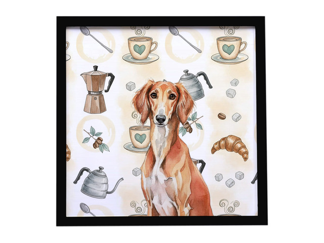 Red Saluki Coffee Bar Framed Metal Print Bathroom, Kitchen, Office, Home Decor Wall Art Ready to Hang, Square, 8X8