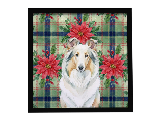 White Collie Christmas PoinsettIas Framed Metal Print Bathroom, Kitchen, Office, Home Decor Wall Art Ready to Hang, Square, 8X8