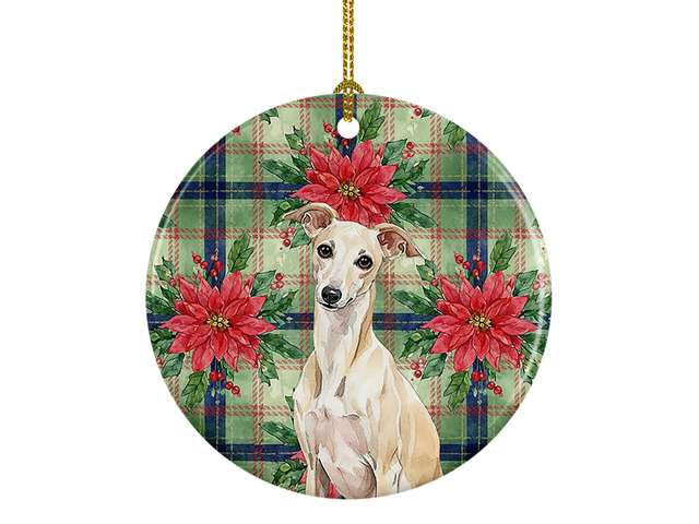 Cream Italian Greyhound Christmas PoinsettIas Ceramic Ornament Christmas Tree Hanging Decorations for Home Christmas Holiday, Party, Gift, 3 in,...
