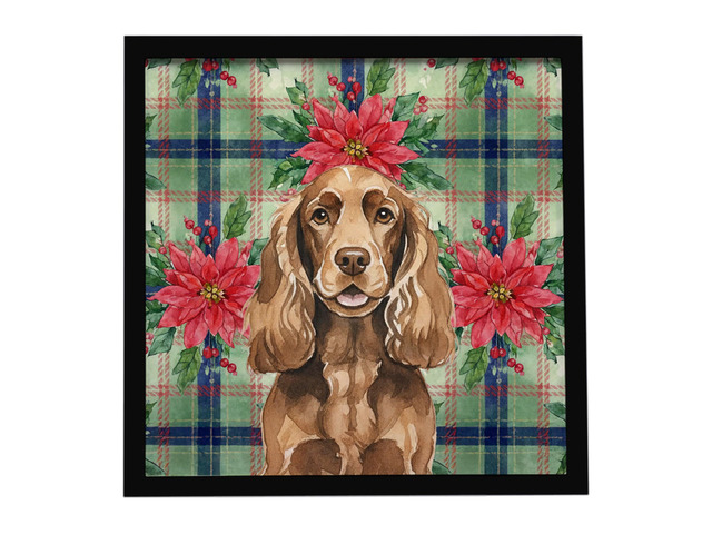 Liver English Cocker Spaniel Christmas PoinsettIas Framed Metal Print Bathroom, Kitchen, Office, Home Decor Wall Art Ready to Hang, Square, 8X8