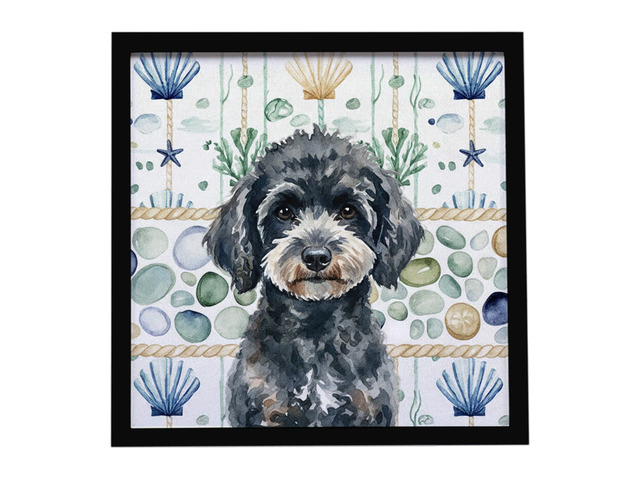 Miniature Black Poodle Coastal Sea Glass Framed Metal Print Bathroom, Kitchen, Office, Home Decor Wall Art Ready to Hang, Square, 8X8