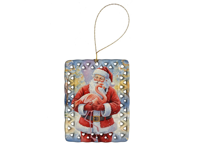 Flamingo with Santa Claus Porcelain Ornament Christmas Tree Hanging Decorations for Home Christmas Holiday, Rectangle, Gift, Multicolor