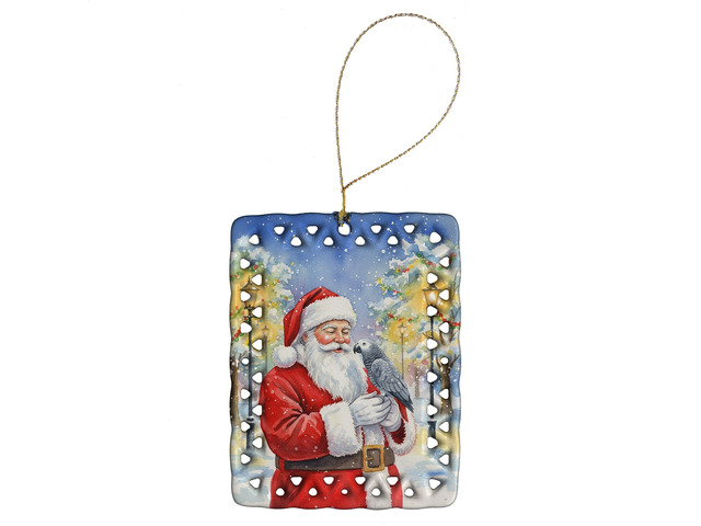 Congo African Grey Parrot with Santa Claus Porcelain Ornament Christmas Tree Hanging Decorations for Home Christmas Holiday, Rectangle, Gift,...