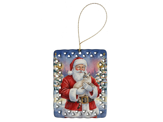 Lynx Point Cat with Santa Claus Porcelain Ornament Christmas Tree Hanging Decorations for Home Christmas Holiday, Rectangle, Gift, Multicolor