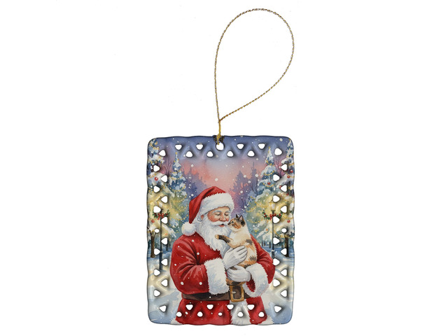 Tortie Point Cat with Santa Claus Porcelain Ornament Christmas Tree Hanging Decorations for Home Christmas Holiday, Rectangle, Gift, Multicolor