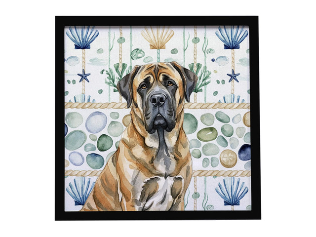 Brindle English Mastiff Coastal Sea Glass Framed Metal Print Bathroom, Kitchen, Office, Home Decor Wall Art Ready to Hang, Square, 8X8