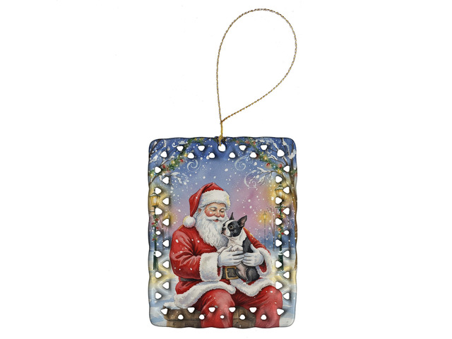 Boston Terrier with Santa Claus Porcelain Ornament Christmas Tree Hanging Decorations for Home Christmas Holiday, Rectangle, Gift, Multicolor