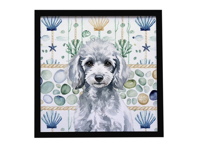 Miniature Silver Poodle Coastal Sea Glass Framed Metal Print Bathroom, Kitchen, Office, Home Decor Wall Art Ready to Hang, Square, 8X8