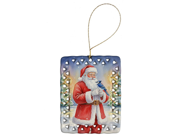Blue Jay with Santa Claus Porcelain Ornament Christmas Tree Hanging Decorations for Home Christmas Holiday, Rectangle, Gift, Multicolor