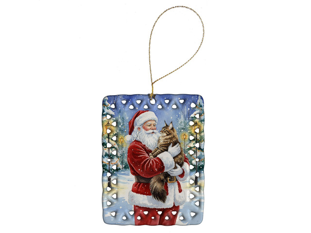 MaineCoon Brown Tabby Cat with Santa Claus Porcelain Ornament Christmas Tree Hanging Decorations for Home Christmas Holiday, Rectangle, Gift,...