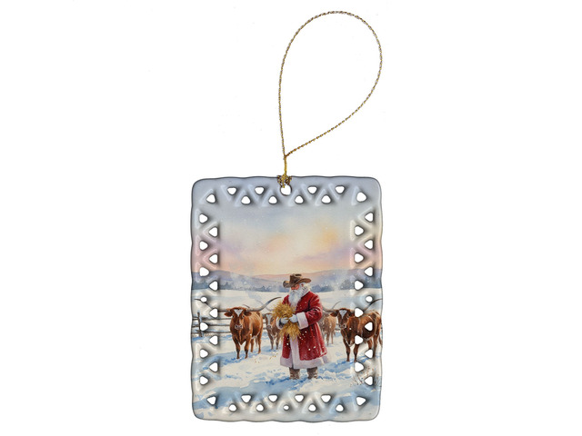 Santa Claus Feeding the Longhorns Christmas Porcelain Ornament Christmas Tree Hanging Decorations for Home Christmas Holiday, Rectangle, Gift,...