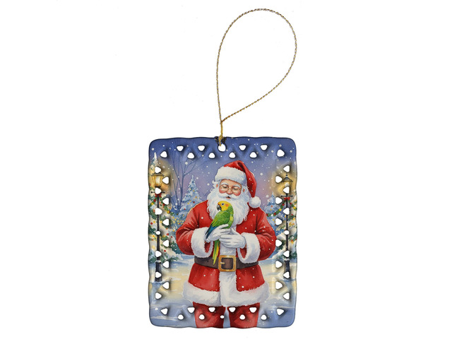 Double Yellow Headed Amazon Parrot with Santa Claus Porcelain Ornament Christmas Tree Hanging Decorations for Home Christmas Holiday, Rectangle,...