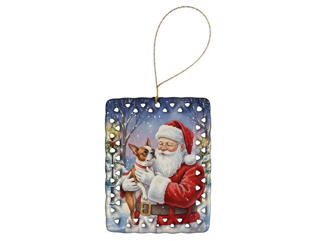 Red Boston Terrier with Santa Claus Porcelain Ornament Christmas Tree Hanging Decorations for Home Christmas Holiday, Rectangle, Gift, Multicolor