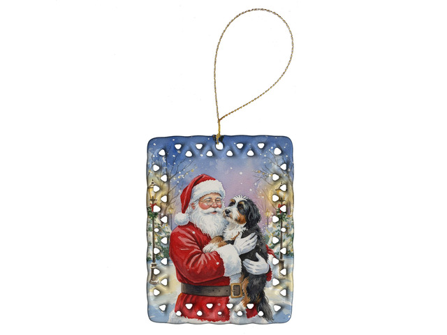 Bernedoodle with Santa Claus Porcelain Ornament Christmas Tree Hanging Decorations for Home Christmas Holiday, Rectangle, Gift, Multicolor