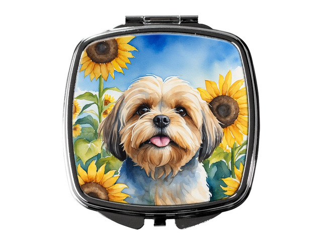 Lhasa Apso in Sunflowers Compact Mirror Decorative Travel Makeup Mirror for Women Girls Gifts Pocket Makeup Mirror Folding Handheld