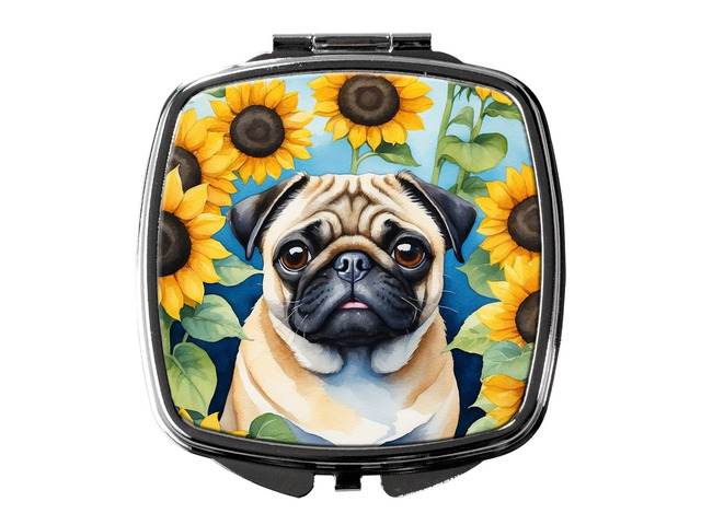 Pug in Sunflowers Compact Mirror Decorative Travel Makeup Mirror for Women Girls Gifts Pocket Makeup Mirror Folding Handheld