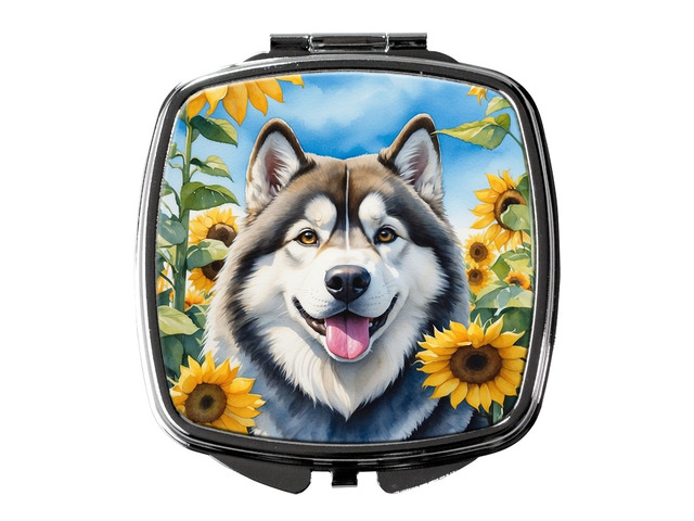 Alaskan Malamute in Sunflowers Compact Mirror Decorative Travel Makeup Mirror for Women Girls Gifts Pocket Makeup Mirror Folding Handheld