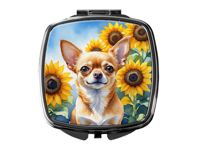 Chihuahua in Sunflowers Compact Mirror Decorative Travel Makeup Mirror for Women Girls Gifts Pocket Makeup Mirror Folding Handheld