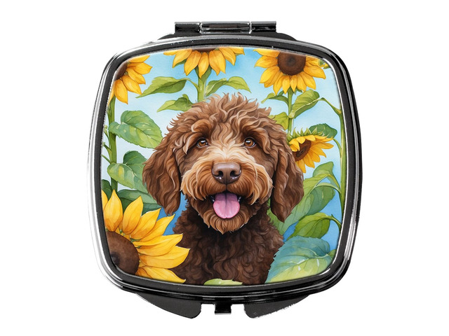 Labradoodle in Sunflowers Compact Mirror Decorative Travel Makeup Mirror for Women Girls Gifts Pocket Makeup Mirror Folding Handheld