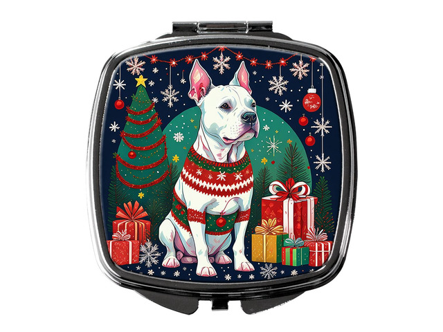 White Pit Bull Terrier Christmas Compact Mirror Decorative Travel Makeup Mirror for Women Girls Gifts Pocket Makeup Mirror Folding Handheld