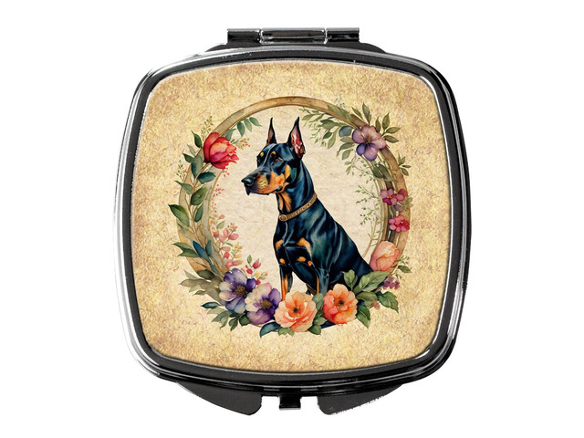 Doberman Pinscher and Flowers Compact Mirror Decorative Travel Makeup Mirror for Women Girls Gifts Pocket Makeup Mirror Folding Handheld