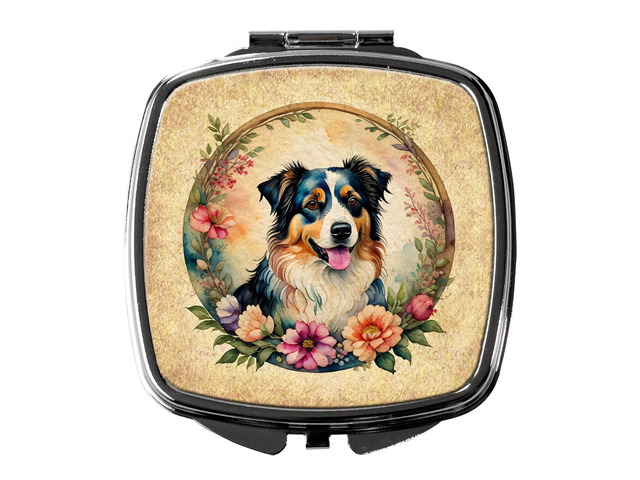 Australian Shepherd and Flowers Compact Mirror Decorative Travel Makeup Mirror for Women Girls Gifts Pocket Makeup Mirror Folding Handheld