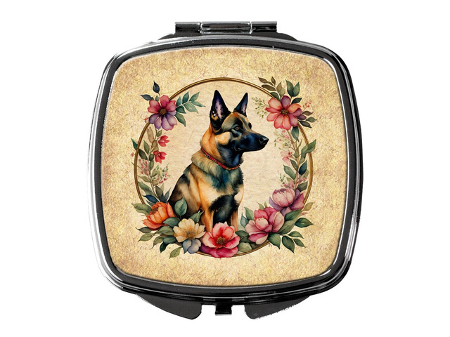Belgian Malinois and Flowers Compact Mirror Decorative Travel Makeup Mirror for Women Girls Gifts Pocket Makeup Mirror Folding Handheld
