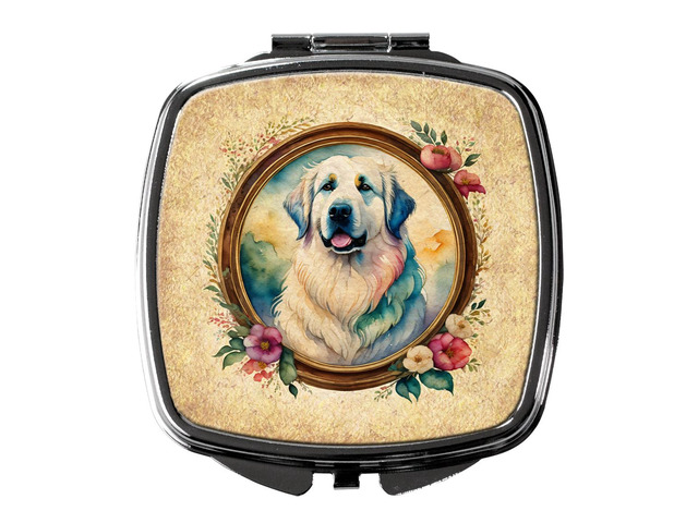 Great Pyrenees and Flowers Compact Mirror Decorative Travel Makeup Mirror for Women Girls Gifts Pocket Makeup Mirror Folding Handheld