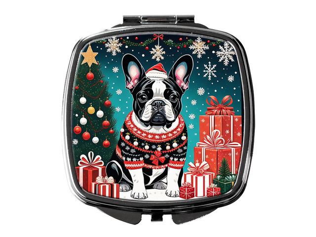 French Bulldog Christmas Compact Mirror Decorative Travel Makeup Mirror for Women Girls Gifts Pocket Makeup Mirror Folding Handheld