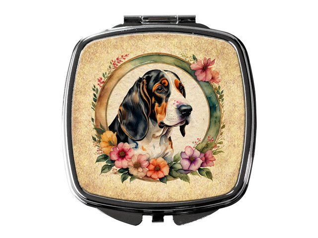 Basset Hound and Flowers Compact Mirror Decorative Travel Makeup Mirror for Women Girls Gifts Pocket Makeup Mirror Folding Handheld