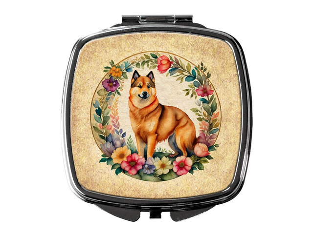 Finnish Spitz and Flowers Compact Mirror Decorative Travel Makeup Mirror for Women Girls Gifts Pocket Makeup Mirror Folding Handheld