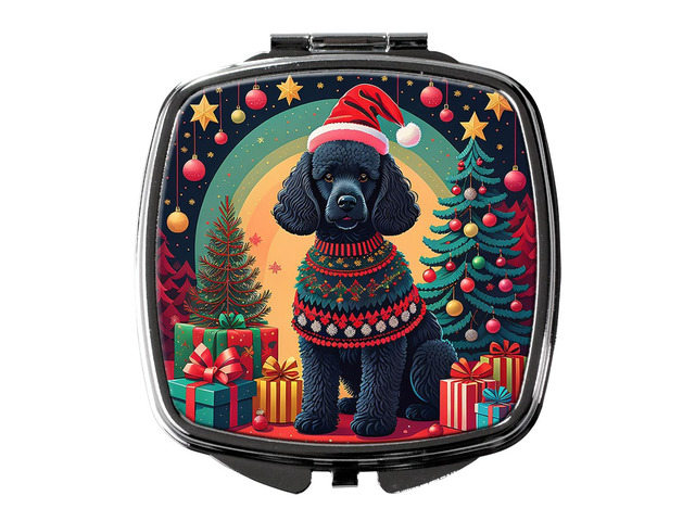 Black Poodle Christmas Compact Mirror Decorative Travel Makeup Mirror for Women Girls Gifts Pocket Makeup Mirror Folding Handheld