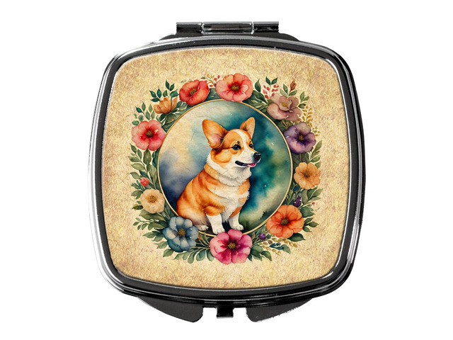 Corgi and Flowers Compact Mirror Decorative Travel Makeup Mirror for Women Girls Gifts Pocket Makeup Mirror Folding Handheld