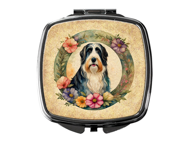 Bearded Collie and Flowers Compact Mirror Decorative Travel Makeup Mirror for Women Girls Gifts Pocket Makeup Mirror Folding Handheld