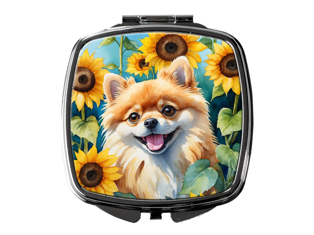 Pomeranian in Sunflowers Compact Mirror Decorative Travel Makeup Mirror for Women Girls Gifts Pocket Makeup Mirror Folding Handheld