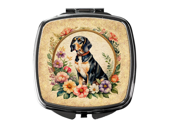 American English Coonhound and Flowers Compact Mirror Decorative Travel Makeup Mirror for Women Girls Gifts Pocket Makeup Mirror Folding Handheld