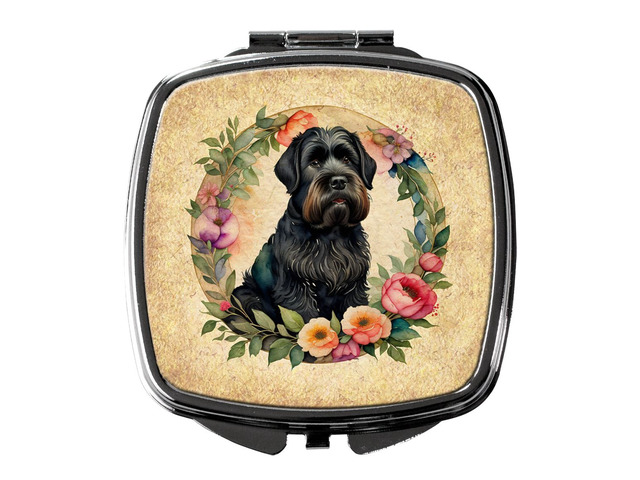 Black Russian Terrier and Flowers Compact Mirror Decorative Travel Makeup Mirror for Women Girls Gifts Pocket Makeup Mirror Folding Handheld