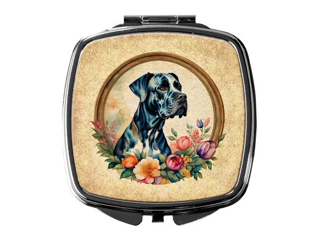 Great Dane and Flowers Compact Mirror Decorative Travel Makeup Mirror for Women Girls Gifts Pocket Makeup Mirror Folding Handheld