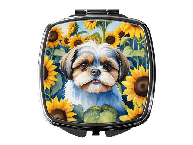 Shih Tzu in Sunflowers Compact Mirror Decorative Travel Makeup Mirror for Women Girls Gifts Pocket Makeup Mirror Folding Handheld