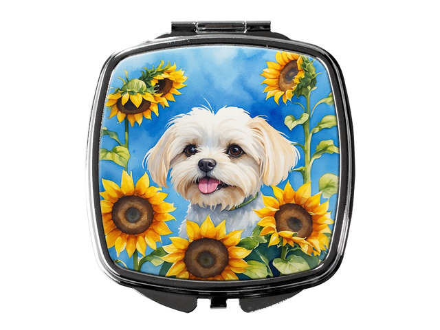 Maltese in Sunflowers Compact Mirror Decorative Travel Makeup Mirror for Women Girls Gifts Pocket Makeup Mirror Folding Handheld